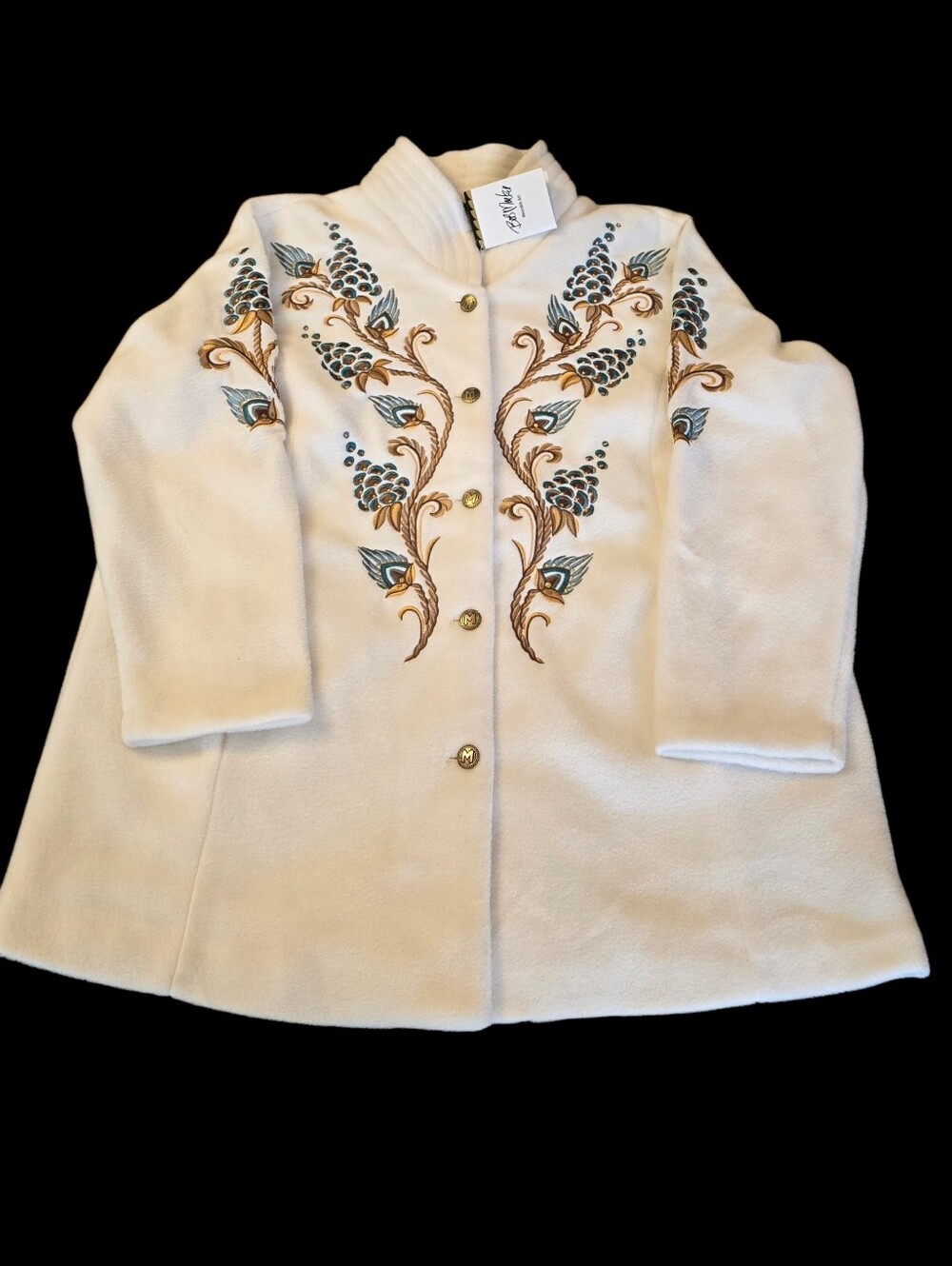 Bob Mackie Wearable Art White Fleece Embroidered Floral Button Up Jacket 1X